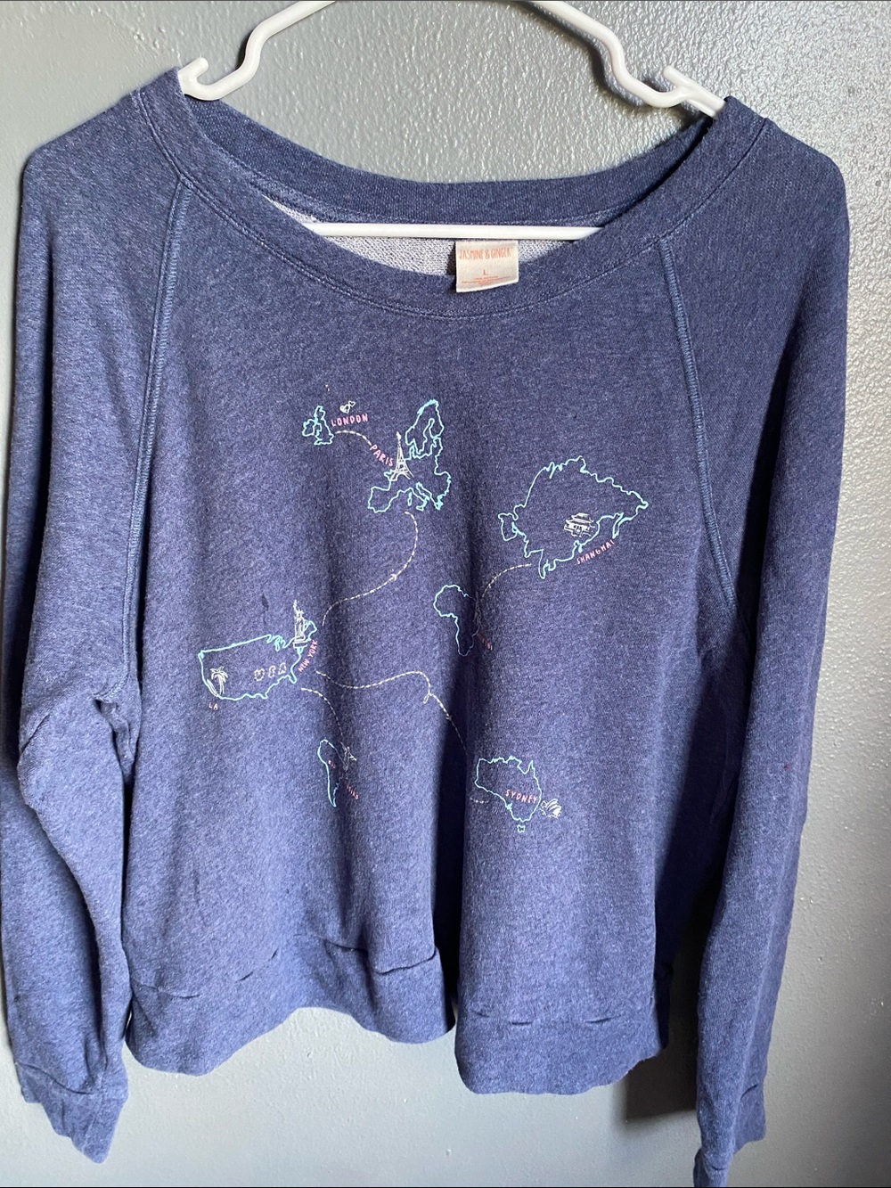 Jasmine & Ginger Navy Sweatshirt with Pastel World Map